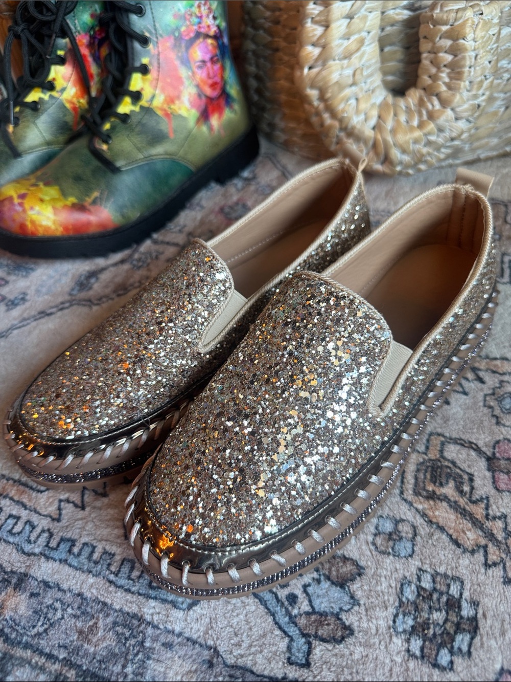 Glitter Slip-On Loafers — Gold Sparkle